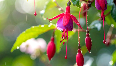 Fuchsia flower in the garden with rain drops, stock photoの素材