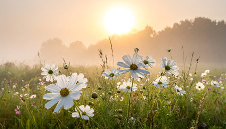 Beautiful white daisies in the meadow at sunrise.の素材