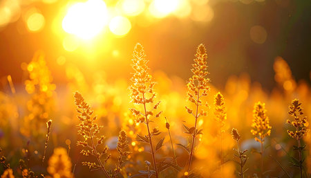 Beautiful meadow in the light of the setting sun. Nature backgroundの素材