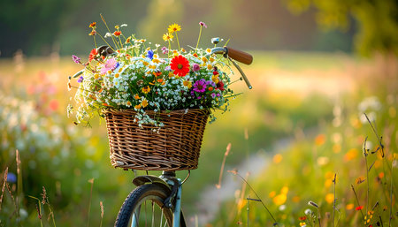 Bicycle with basket full of colorful wildflowers in summer meadowの素材