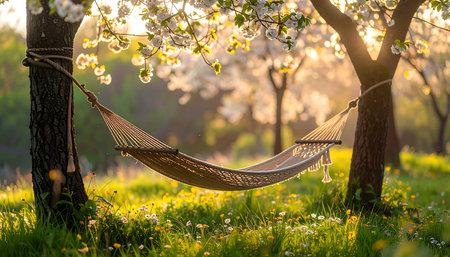 Hammock in blooming garden at sunset. Beautiful spring landscapeの素材