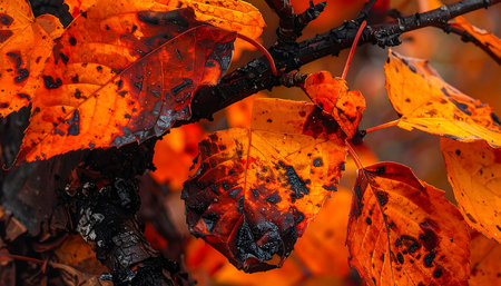 Colorful autumn leaves on a tree branch, close-up.の素材