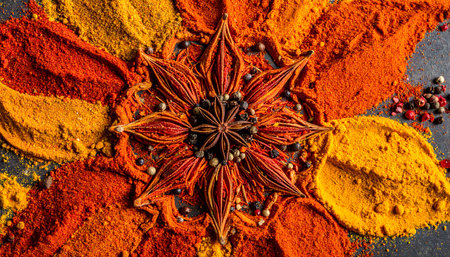 Spices and herbs on black background. Food and cuisine ingredients.の素材