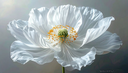 White poppy flower on a gray background. 3d render illustration.の素材