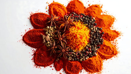 Spices and herbs on a white background. Food and cuisine ingredients.の素材
