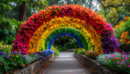 Rainbow in the garden with colorful flowers at Doi Inthanon National Park, Chiang Mai, Thailandの素材