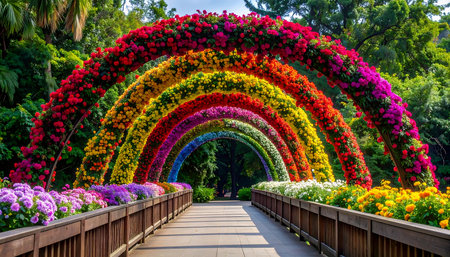 Rainbow bridge in the park with colorful flowers in the city.の素材