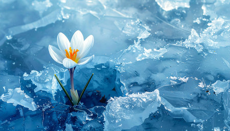 White crocus flower on a blue ice background. Spring concept.の素材