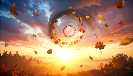 Autumn landscape with colorful leaves and sun. 3d rendering.の素材