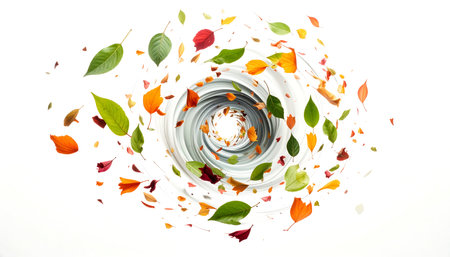 colorful autumn leaves in a glass of water on a white backgroundの素材