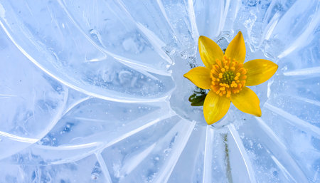 Close up of yellow flower in ice cube, abstract natural background.の素材
