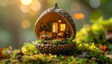 Miniature model of a house in the forest with bokeh backgroundの素材