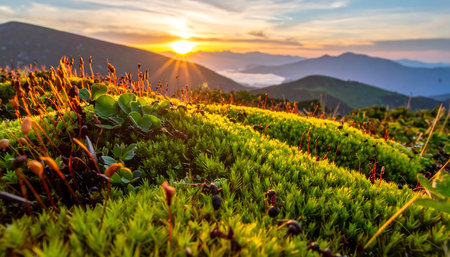 Moss on the top of the mountain at sunset. Beautiful nature background.の素材