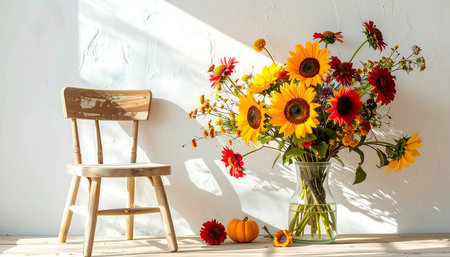 Sunflowers in vase with chair on the white wall.の素材