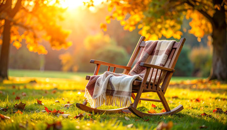 Wooden rocking chair with plaid in autumn park on sunny dayの素材