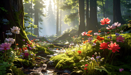 Beautiful spring flowers blooming in the forest at sunrise. Nature backgroundの素材