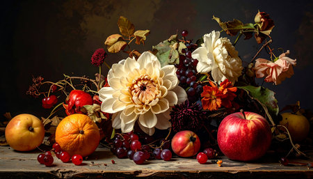Still life with autumn fruits and flowers in rustic style. Dark backgroundの素材