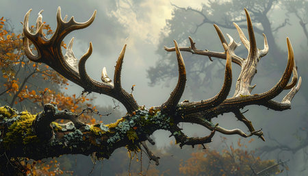 Fantasy scene with deer horns on the tree in the forest.の素材
