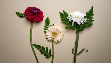 Three gerbera flowers with green leaves on beige background.の素材