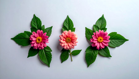 Pink dahlia flowers with green leaves on a white background.の素材