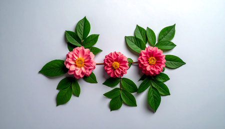 pink flowers and green leaves on a white background, top viewの素材