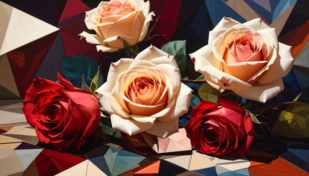 Colorful roses on the background of a polygonal mosaic.の素材