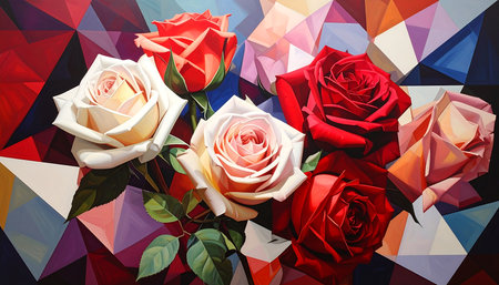Colorful roses on colorful polygonal background, low poly styleの素材
