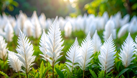 White feathers on the grass in the garden, soft focus background.の素材