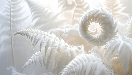 white fern leaves on a white background, soft focus, toningの素材