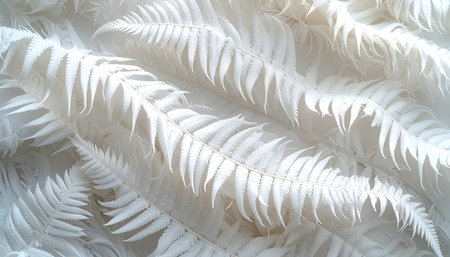 White fern leaves on white background, closeup of photo.の素材