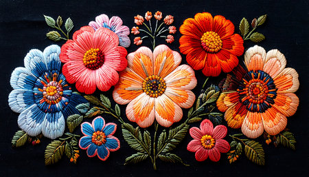 Handmade embroidery colorful flowers on black background. Toned.の素材