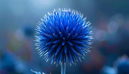 Beautiful blue flower with drops of dew on a blurred backgroundの素材