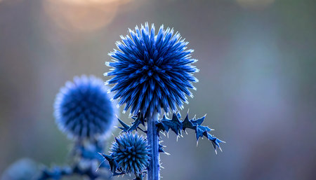 Close up of a blue thistle flower with blurred background, shallow depth of fieldの素材