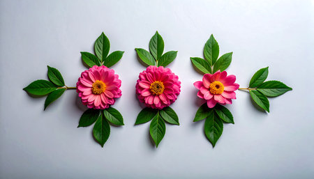 Pink dahlia flowers with green leaves on a white background.の素材