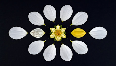 Circle of white petals and yellow flower on a black backgroundの素材