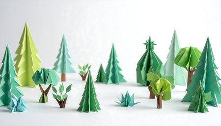 Paper origami trees with green leaves on white background. 3d illustrationの素材
