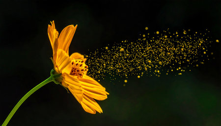 Yellow cosmos flower on black background with copy space for your text.の素材