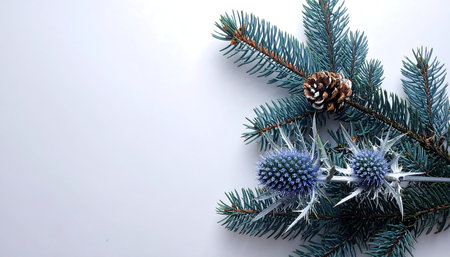 blue spruce branches and cones on white background.の素材