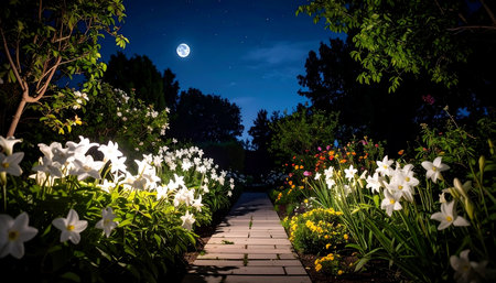 Full moon over a path in the garden on a summer night.の素材