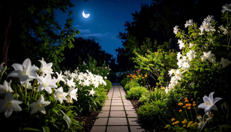Lily garden at night with moon and stars in the background.の素材