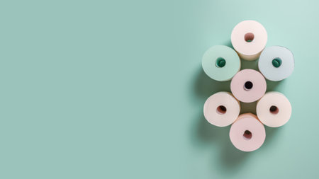 A set of toilet paper rolls in different colors without branding mockup in a top view on a green neutral background. High quality illustrationの素材