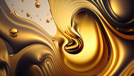 Thick golden liquid wavy shape with mirror drops. High quality illustration. Generated AIの素材
