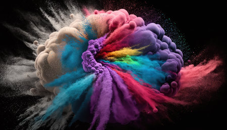 Explosion of colored dust particles of pink, blue, yellow, purple and white colors on a dark neutral background. generated AI. high quality illustrationの素材