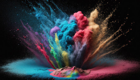 Funnel explosion of colored powder on the ground and its subsequent spread around. generated AI. high quality illustrationの素材