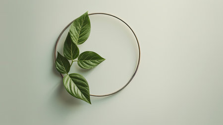 Advertising shot of a green wooden leaf hoop round shape on a very light green background. High quality illustration.の素材
