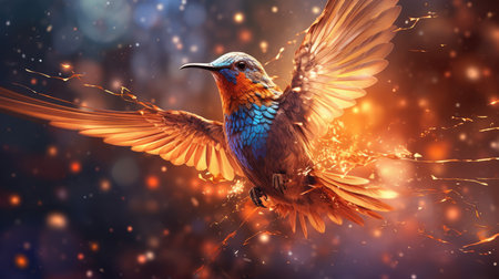 The fantasy bird wings flap, bird with yellow, blue and white colors fly across sun beams and light particles around. High quality illustration.の素材