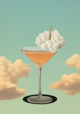 Minimalist collage of an orange cocktail with a straw between clouds in the sky. collage-style painting. high quality illustrationの素材