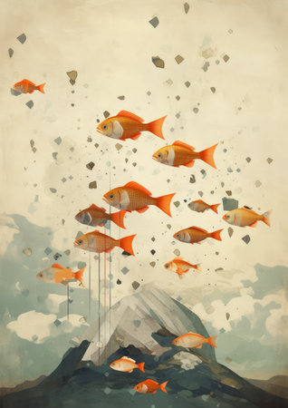 Minimalist collage of flying red fish and falling down from the sky and snowy mountain. collage-style painting. High quality illustration.の素材