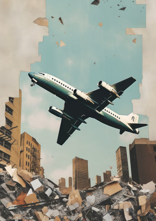 Minimalistic collage of a civilian plane flies over the city, a fragmented collage in the form of a postcard. High quality illustration.の素材