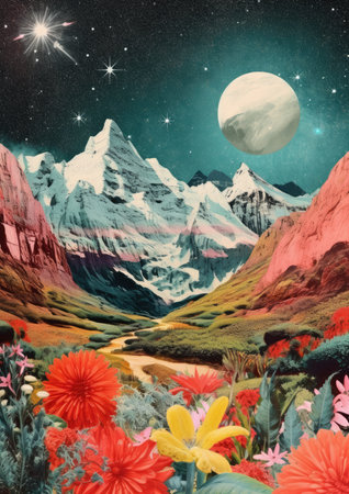 Minimalist collage cut with snowy mountains, clear sky and the road with plants at the foreground. Fragmented planes, collage-style paintings. High quality illustration.の素材